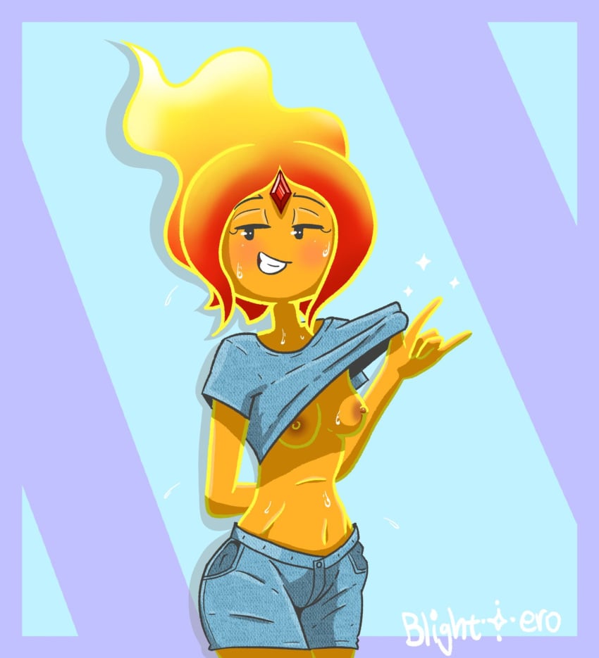 1girls adventure_time background_pattern blightstar blue_shirt blush cartoon_network eyebrows female female_only fire_hair fire_humanoid flame_hair flame_princess flashing flashing_breasts gem_on_forehead gesture glowing_body hand_behind_back hand_sign jean_shorts jeans lifting_shirt orange_skin red_gem red_gemstone shirt_lift simple_background simple_eyes smile smirk solo solo_female standing sweat sweatdrop sweating teasing teeth toothy_grin