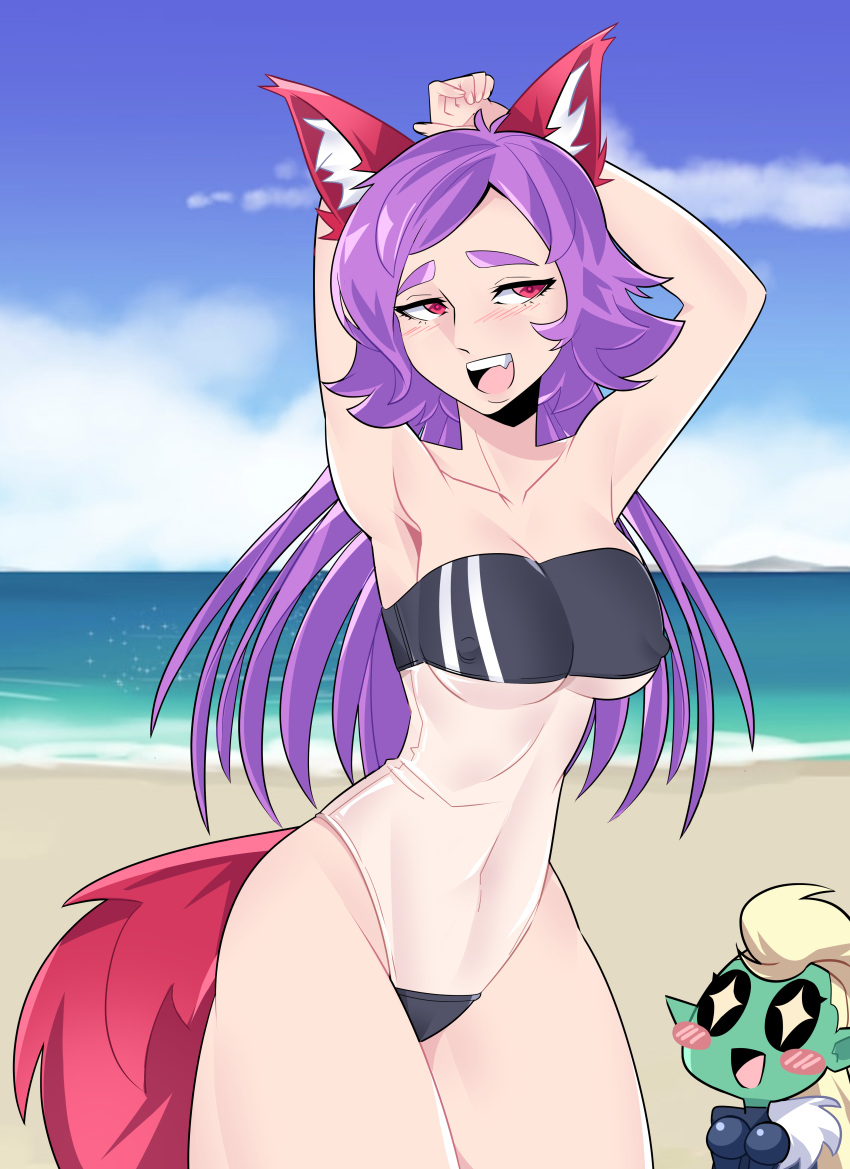 1boy 1boy1girl 1girls armpits arms_behind_back arms_up bathing_suit beach blonde_hair blush chibi evieevolt(vtuber) fox_ears fox_girl fox_tail green_skin nipple_bulge nipples nipples_visible_through_clothing oc(eclipse) pink_eyes purple_hair red_eyes sharp_teeth star_eyes swimsuit swimwear teeth_showing thick_thighs thighs wide_hips