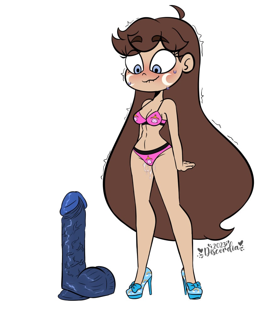 aged_up big_dildo bikini blue_eyes brown_hair cherry_d cherry_discordia crossover fanchild heels high_heels iquestx_commissions luna_butterfly nervous_smile princess_bubblegum pussy_juice star_vs_the_forces_of_evil