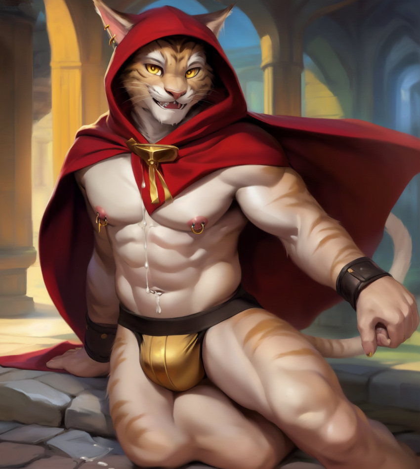 abs ai_generated anthro areola areolae barazoku bethesda_softworks bulge cape cum cum_on_body ear_piercing felid feline hood jockstrap khajiit male male_only muscular muscular_anthro muscular_male navel nipple_piercing nipples piercing riseflux solo the_elder_scrolls underwear whiskers white_body wrist_cuffs