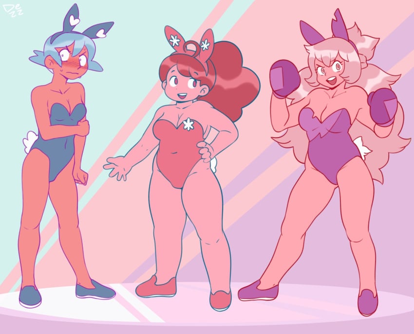 3girls ass bee_(bee_and_puppycat) bee_and_puppycat big_breasts blue_hair blush body_positivity boxing_gloves breasts bunny_ears bunny_girl bunnysuit cass_wizard_(bee_and_puppycat) cleavage clothing dezz female female_focus female_only gloves hi_res medium_breasts nervous short_hair small_breasts standing thick_thighs thighs toast_(bee_and_puppycat) tomboy trio turquoise_hair violet_boxing_gloves violet_gloves