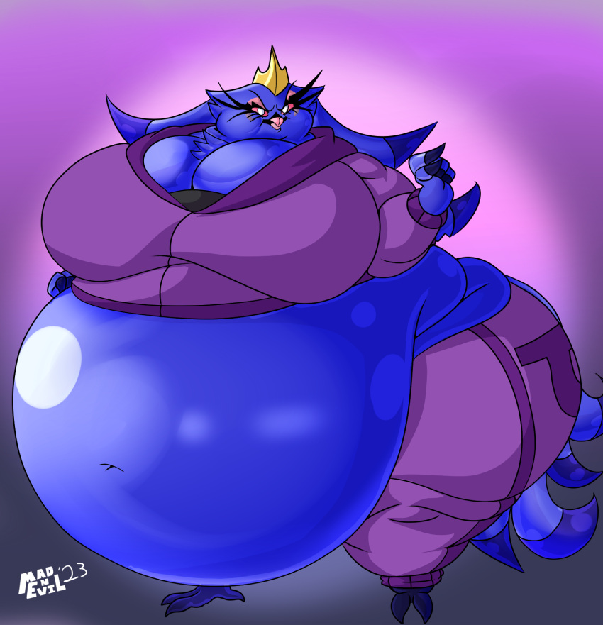 ass avian bbw big_ass big_breasts big_butt bird blue_body blue_hair blueberry blueberry_girl blueberry_inflation breasts butt chest_tuft chubby chubby_anthro chubby_cheeks chubby_female clothed clothed_female clothes clothing crown fat feathers helluva_boss hyper_belly looking_at_viewer mad_n_evil makeup owl owl_demon stella_(helluva_boss) talons track track_jacket track_suit vivienne_medrano wide_ass wide_hips wide_thighs