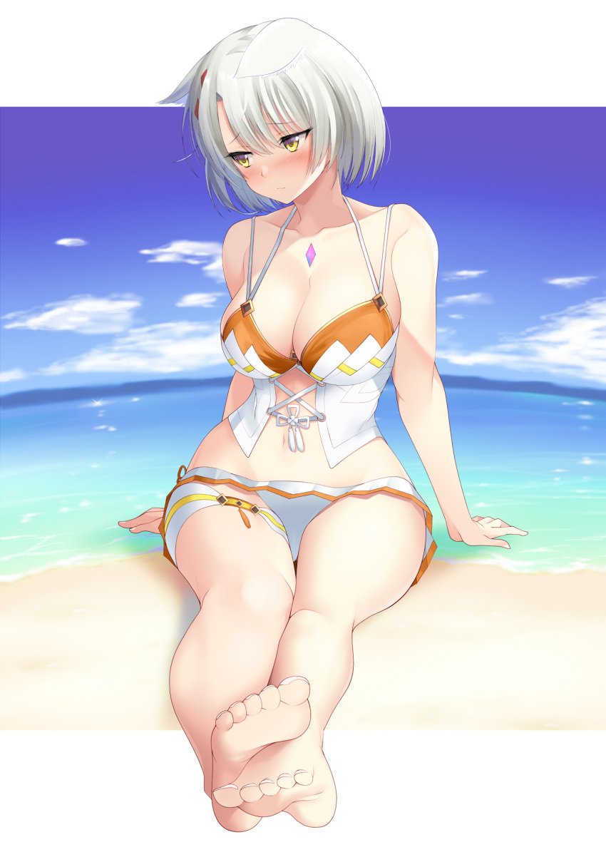 1girls absurd_res bare_shoulders beach bikini blush breasts busty cat_ears catgirl cleavage core_crystal curvy daive female female_only highres hourglass_figure kou45210607 large_breasts midriff mio_(xenoblade) monolith_soft navel nintendo orange_bikini orange_swimsuit sand sitting swimsuit thick_thighs thighs voluptuous water wet white_bikini white_hair white_swimsuit wide_hips xenoblade_(series) xenoblade_chronicles_3 yellow_eyes