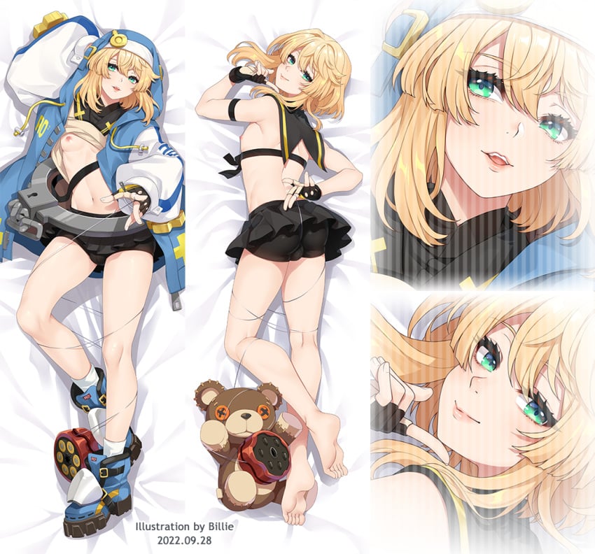 1boy androgyne_symbol androgynous ass billie_(meng_gong_fang) blonde_hair bridget bulge clothing feet femboy fingerless_gloves fingers green_eyes guilty_gear gynomorph male male_only pillow short_hair shorts skirt tagme tight trap