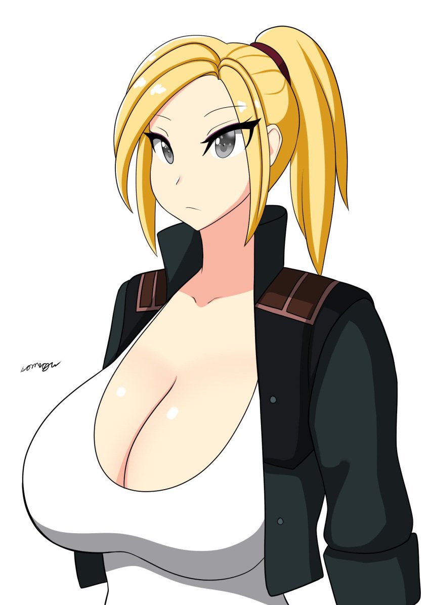 1girls adult_swim black_eyes blonde_hair breasts canon_crossdressing disguise disguised_male eyeliner female female_disguise_(rick_and_morty) female_only female_skinsuit jacket large_breasts morty_smith ponytail rick_and_morty rule_63 shirt solo somegu suit_transformation white_shirt white_skin