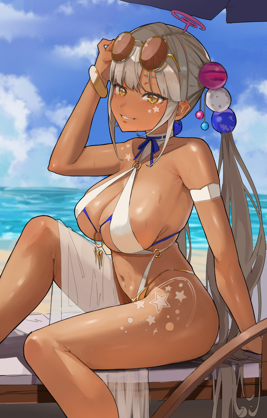 1girls archinoer beach bikini blonde_hair body_markings breasts brown_skin dark-skinned_female dark_skin female gold_eyes gyaru hair_ornament hi_res hololive hololive_english hololive_english_-council- huge_breasts long_hair o-ring o-ring_bikini outdoors sunglasses sunglasses_on_head swimsuit tan tan-skinned_female tanned_skin thighs tsukumo_sana twintails virtual_youtuber