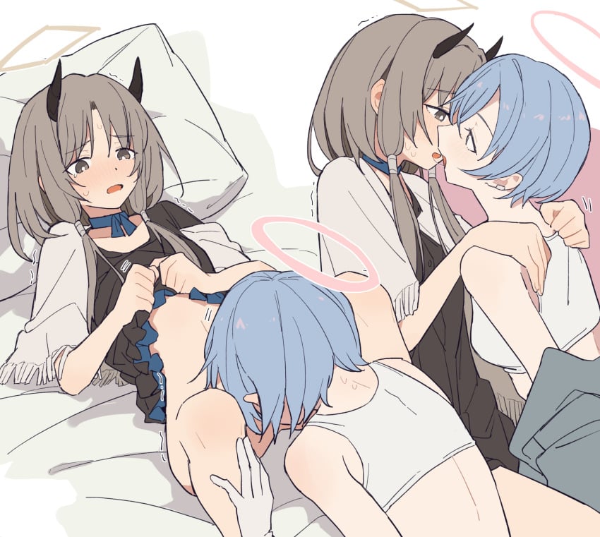 2girls after_kiss arknights bed_sheet black_horns black_shirt blue_hair brown_hair character_request clothes_lift coldcat. commentary_request cunnilingus gloves halo highres horns lifted_by_self long_hair lying multiple_girls multiple_views on_back oral pillow pink_halo saliva saliva_trail shirt shirt_lift short_hair spuria_(arknights) sweat white_gloves yuri