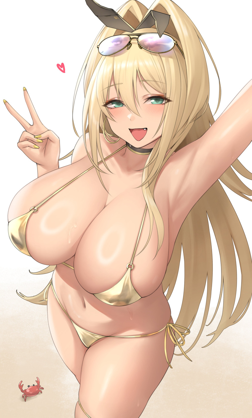 1girls beach bikini blonde_hair breasts cleavage female goddess_of_victory:_nikke green_eyes gyaru huge_breasts kuronerinka long_hair outdoors peace_sign ponytail rupee_(nikke) smile thick_thighs