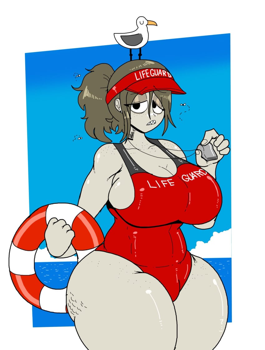 1girls barcode_tattoo beach cellulite cleavage curvy female flies freckles_on_shoulders freckles_on_thighs grease_(poopishness) green_skin half-closed_eyes huge_ass huge_breasts life_preserver lifeguard messy_hair neet ocean ponytail poopishness pussy_bulge seagull sharp_teeth slobber tired_eyes whistle_around_neck