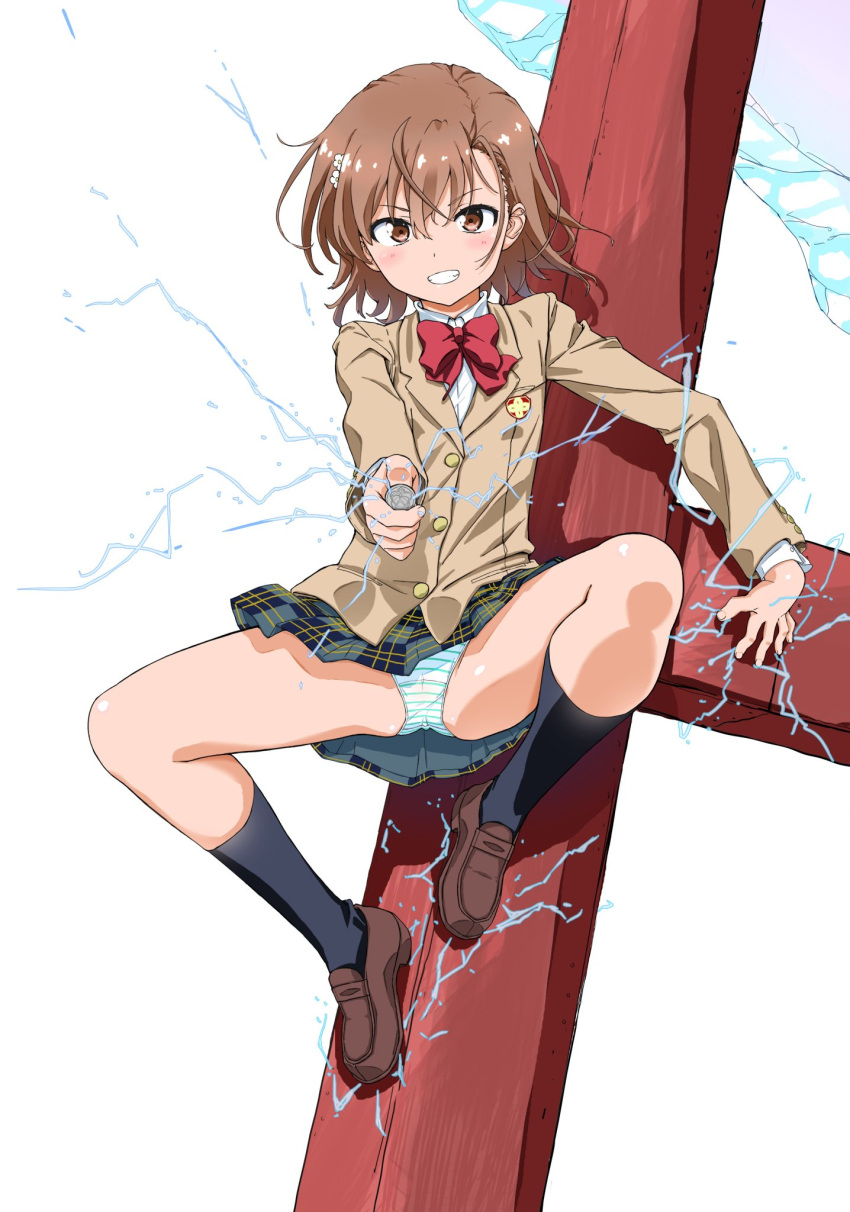 1girls 2020s 2022 :d action ahoge aiming aiming_at_viewer attack attacking_viewer biribiri black_kneehighs black_kneesocks black_socks blazer blue_panties blush bob_cut bow bowtie breasts brown_eyes brown_footwear brown_hair brown_jacket brown_socks brunette clothed clothed_female coin dress_shirt electricity electrokinesis female flower green_skirt grin hair_between_eyes hair_flower hair_ornament hairclip hi_res holding holding_coin incoming_attack jacket knee_socks kneehighs kneesocks kuuchuu_yousai legs_spread light_blush loafers looking_at_viewer magnetism matching_hair/eyes messy_hair metal miniskirt misaka_mikoto no_shorts open_mouth outstretched_arm panties pantyshot plaid plaid_skirt pleated_skirt psychic red_bow red_bowtie school_uniform schoolgirl science_fiction shirt shoes short_hair simple_background skirt small_breasts smile socks solo spread_legs static_cling steel_beam striped striped_panties t-shirt teenage_girl teenager teeth thighs to_aru_kagaku_no_railgun to_aru_majutsu_no_index tokiwadai_school_uniform underwear upper_teeth_only upskirt v-shaped_eyebrows white_background white_flower white_panties white_shirt young