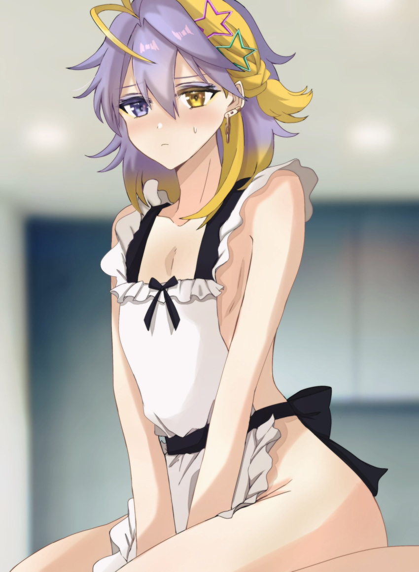 1boy 1femboy ahoge apron_only aster_arcadia blush braid ear_piercing earrings embarrassed femboy frills hair_accessory heterochromia looking_at_viewer ms7122ms nijisanji nijisanji_en purple_hair solo solo_focus solo_male two_tone_hair virtual_youtuber vtuber yellow_hair