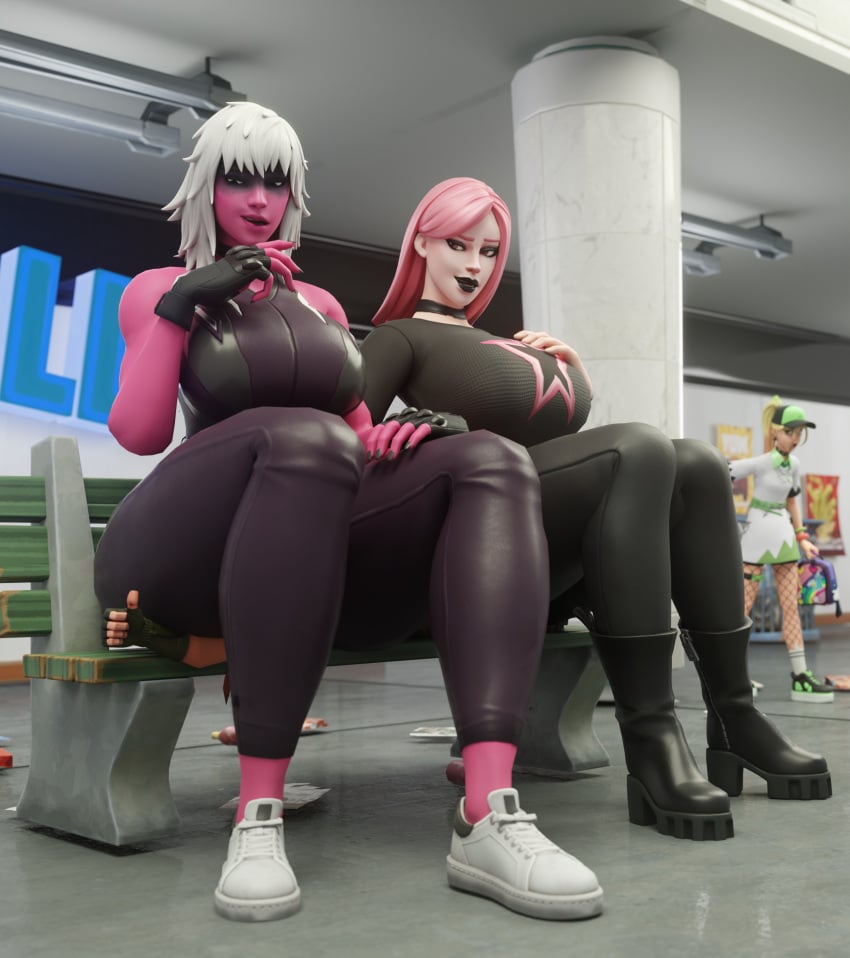 3d 3girls apokailypseart bench big_breasts bigger_female blonde_hair breasts butt_crush buttcrush curvy curvy_figure female_domination femdom fortnite fortnite:_battle_royale giantess giantess_growth growth harlowe_(fortnite) haze_(fortnite) light-skinned_female medium_hair mini_giantess pink_hair red-skinned_female sitting_on_person size_difference white_hair