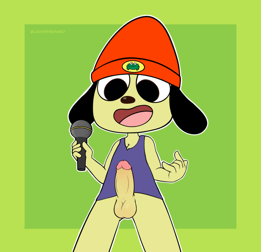 absurd_res anthro balls beanie canid canine canis clothing domestic_dog erection genitals green_background hat headgear headwear hi_res male mammal microphone open_mouth parappa parappa_the_rapper penis purple_clothing purple_shirt purple_topwear sherwind52 shirt simple_background smile solo sony_corporation sony_interactive_entertainment tank_top topwear