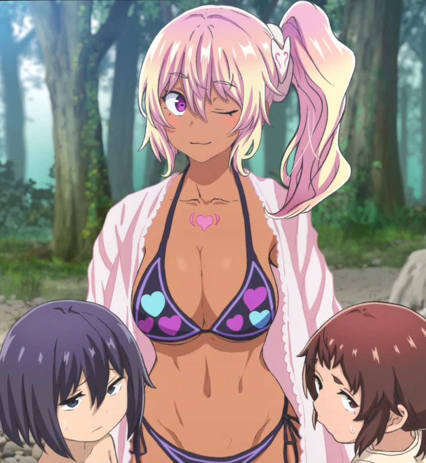 1girls 2023 accurate_art_style artist_request bikini breasts cain_(kamikatsu) cleavage dakini_(kamikatsu) fau_(kamikatsu) kaminaki_sekai_no_kamisama_katsudou large_breasts midriff official_art purple_eyes screencap studio_palette swimsuit tummy