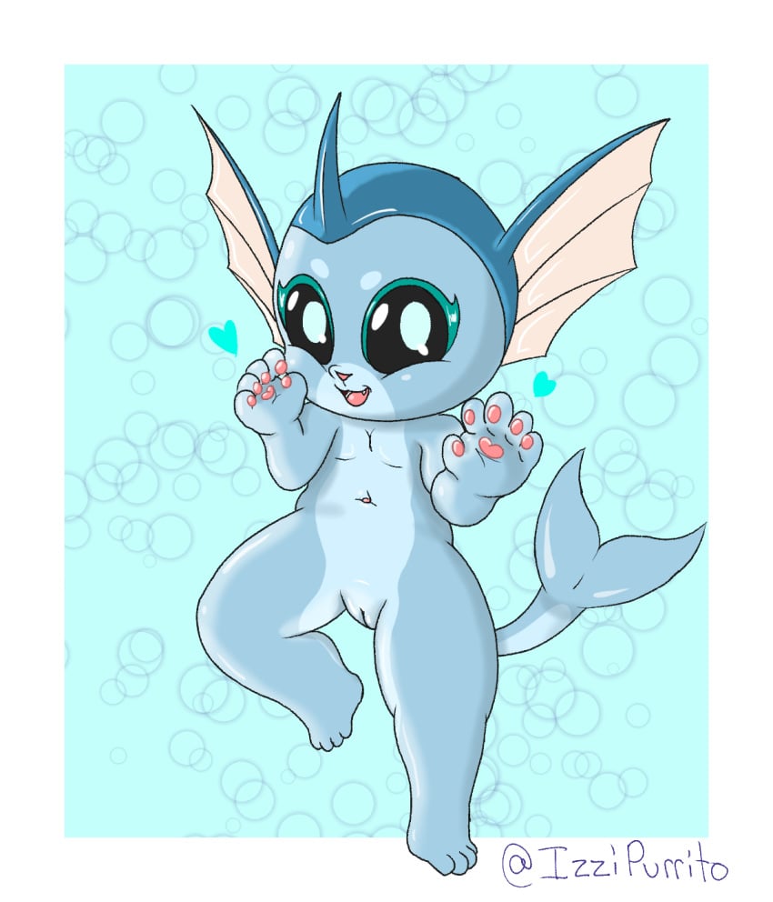 anthro black_sclera blue_body bubble daww eeveelution female fin generation_1_pokemon genitals heart hi_res horn humanoid izzipurrito looking_at_viewer navel nintendo pawpads paws pokemon pokemon_(species) pupils pussy raised_leg simple_background solo tagme tail vaporeon white_pupils young