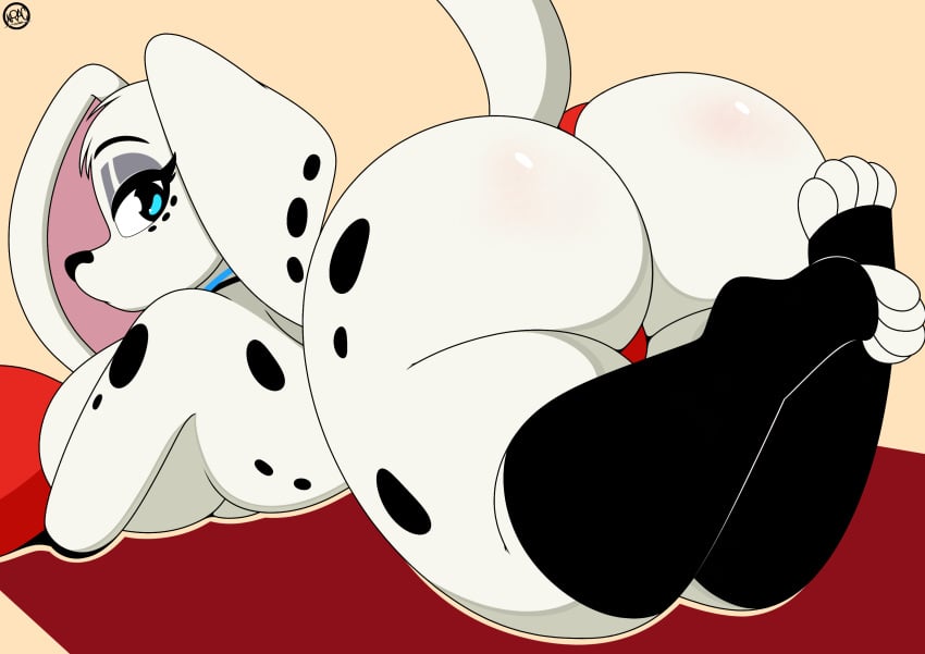 101_dalmatian_street 101_dalmatians 2023 ass black_fur blue_eyes breasts canine disney dolly_(101_dalmatians) female female_focus female_only furry looking_at_viewer looking_back nr_ac panties spots spotted_fur thick_thighs thighhighs thighs white_fur wide_hips