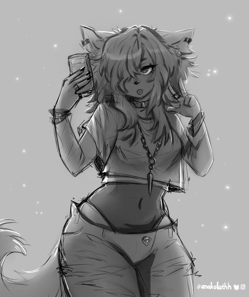 anakoluth anthro belly belly_button chains collar crop_top cute dog_girl furry panties pants panty_peek peace_sign piercing piercings ring selfie tongue_out