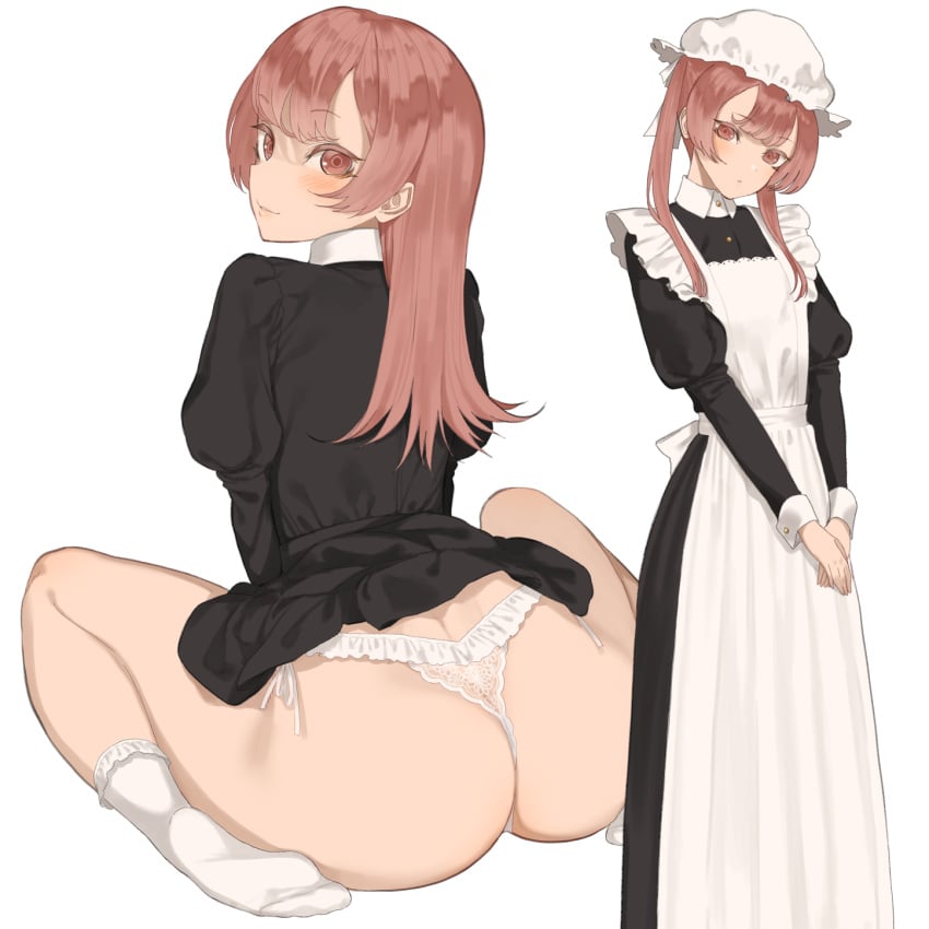 1girls ass back_view big_ass big_butt blush butt female female_only long_hair looking_at_viewer looking_back maid original original_character panties side-tie_panties sitting socks solo solo_female thick_ass thick_thighs throtem white_background