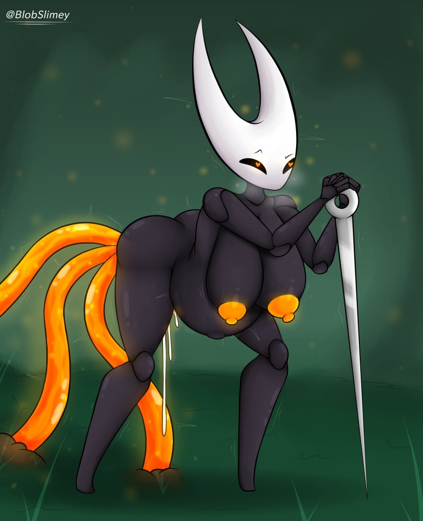 absurd_res anthro areola arthropod ass bent_over big_breasts big_butt biped black_body black_sclera blobslimey bodily_fluids breasts corruption cum female genital_fluids hanging_breasts hi_res holding_object holding_weapon hollow_knight hornet_(hollow_knight) inflation nipples orange_areola orange_eyes orange_nipples sex solo team_cherry tentacle tentacle_sex the_infection_(hollow_knight) weapon