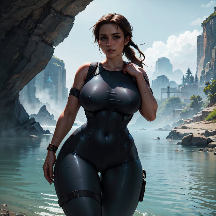 1girls ai_generated big_ass big_breasts bodysuit brown_hair crystal_dynamics hourglass_figure jungle lara_croft outdoors stable_diffusion sweat thick_thighs thigh_gap tomb_raider vilacrym