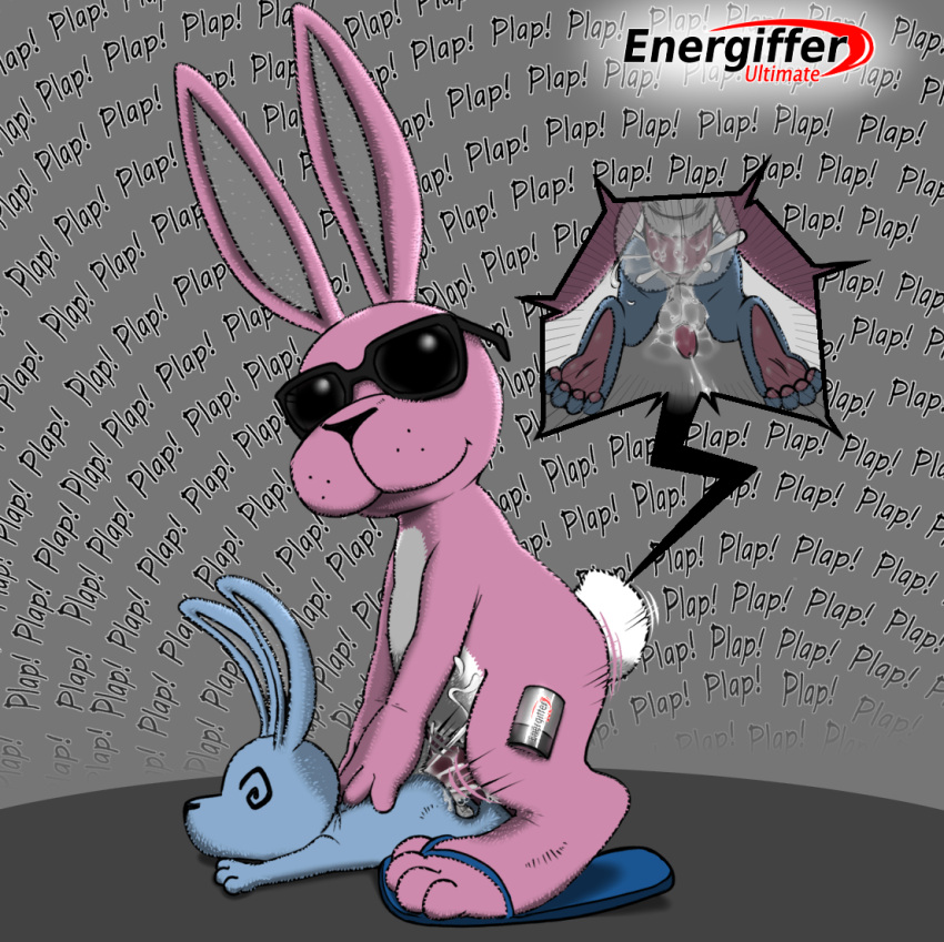 anal anal_sex animal_genitalia balls battery bodily_fluids close-up clothing cum cum_in_ass cum_inside dizzy dizzy_eyes duo energizer energizer_bunny eyewear feral flip_flops fluffy fluffy_tail footwear genital_fluids genitals hands_on_back lagomorph leporid logo male male/male mammal mascot nivy_(artist) paws penetration penis rabbit sandals sheath size_difference sound_effects sunglasses tail whiskers