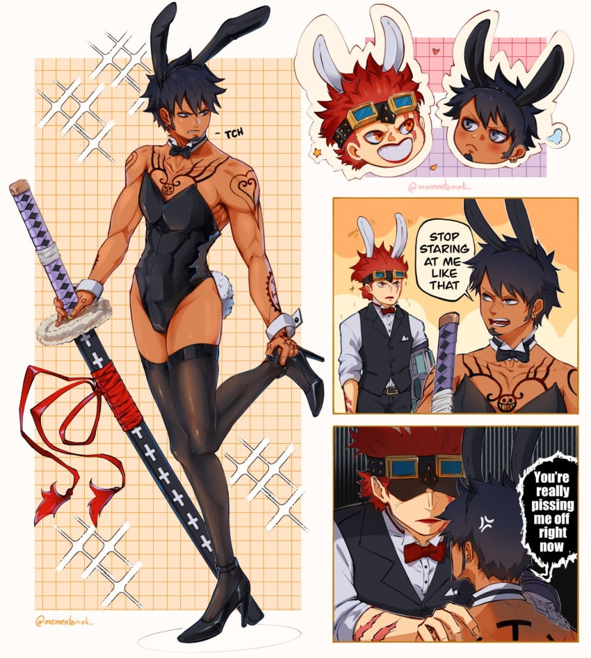 2boys anger_vein angry annoyed black_hair black_legwear black_thighhighs bowtie bulge bunny_boy bunny_ears bunny_tail bunnysuit chest_tattoo comic crossdressing detached_collar dialogue embarrassed english_text eustass_kid facial_hair full_body gay goatee high_heels katana kds_gn long_sideburns male male_focus male_only male_playboy_bunny nylons one_piece sideburns speech_bubble standing stockings sword tan_skin tattoo tattoos thighhighs toned toned_male trafalgar_law weapon