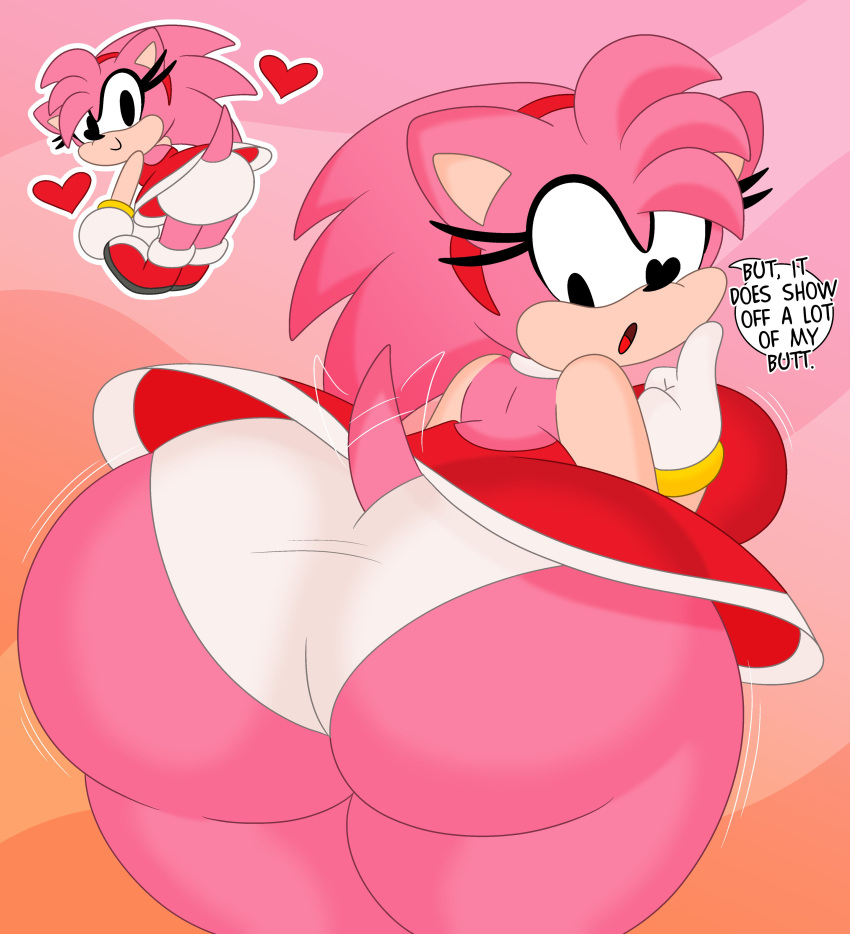 1girls 2023 3barts aged_up amy_rose anthro ass_focus big_breasts big_butt bubble_butt classic_amy_rose dialogue exposed exposed_ass eyelashes female female_only gloves hedgehog looking_at_viewer looking_back panties_exposed pink_body red_dress sega solo sonic_(series) sonic_superstars tail_wagging text text_bubble thick_thighs underwear wide_hips