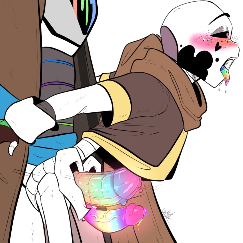 2boys 2d alternate_universe animated_skeleton blush bottomless color ectopenis ectoplasm ectotongue freckles from_behind_position gay ghostskeleto heart-shaped_pupils ink_sans ink_sans_(fan_character) inktale male multicolored_penis multicolored_tongue napstaton prison_guard_position robot sans sans_au simple_background skeleton solo_focus tagme tongue tongue_out uncensored uncensored_penis undertale undertale_(series) undertale_au white_background yaoi