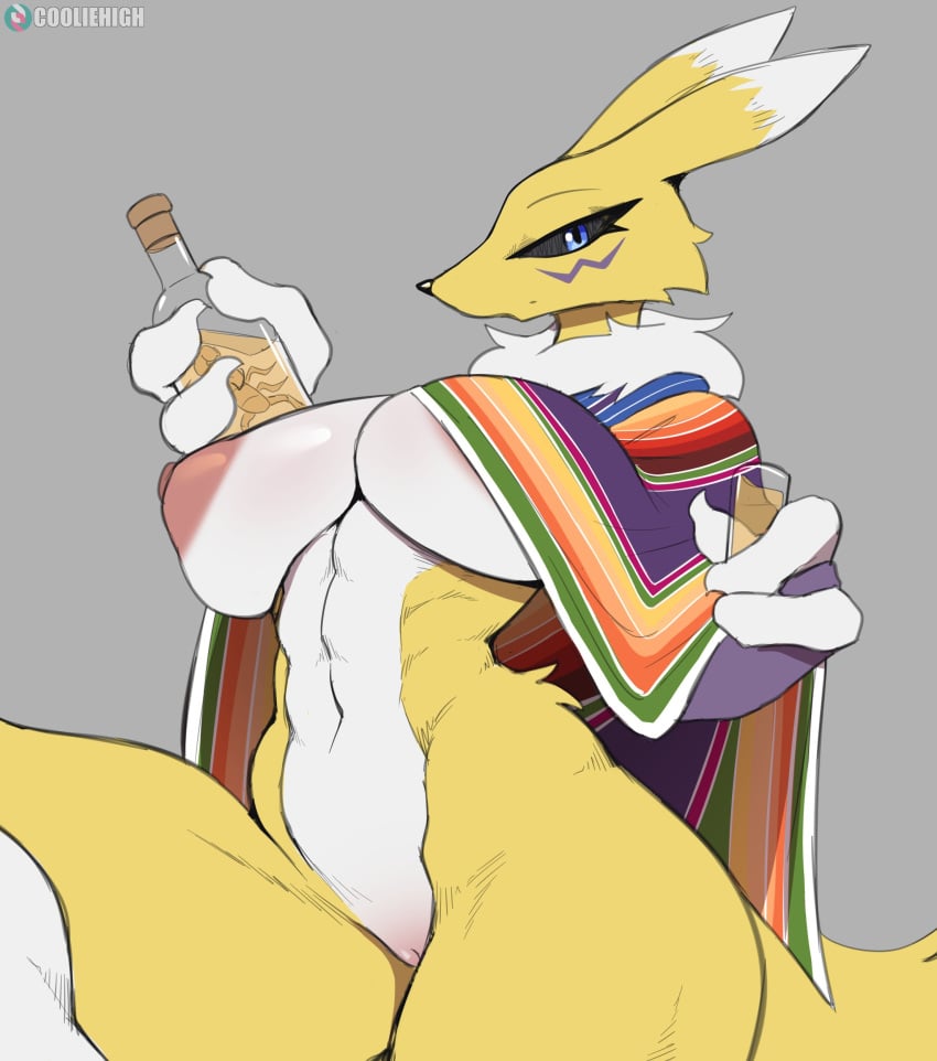 absurd_res anthro areola bandai_namco big_breasts blue_eyes breasts cooliehigh digimon digimon_(species) female fur genitals hi_res looking_at_viewer navel nipples pink_areola pink_nipples pussy renamon solo white_body white_fur yellow_body yellow_fur