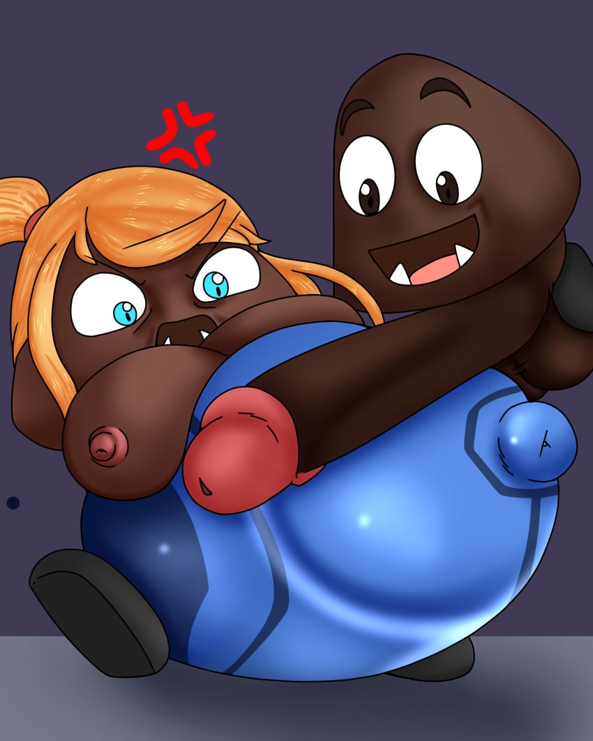 angry angry_face anthro big_balls big_belly big_penis chaoticbabylon commission cum cum_on_belly dark-skinned_female dick_on_belly goomba inflation mario_(series) metroid pregnancy pregnant transformation zero_suit_samus