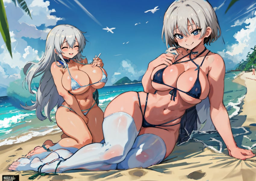 2girls ai_generated beach big_breasts bikini blue_eyes hi_res large_breasts long_hair mabi_ai mature_female milf oyakodon short_hair swimsuit thick_thighs thighhighs uzaki-chan_wa_asobitai! uzaki_hana uzaki_tsuki white_hair wide_hips