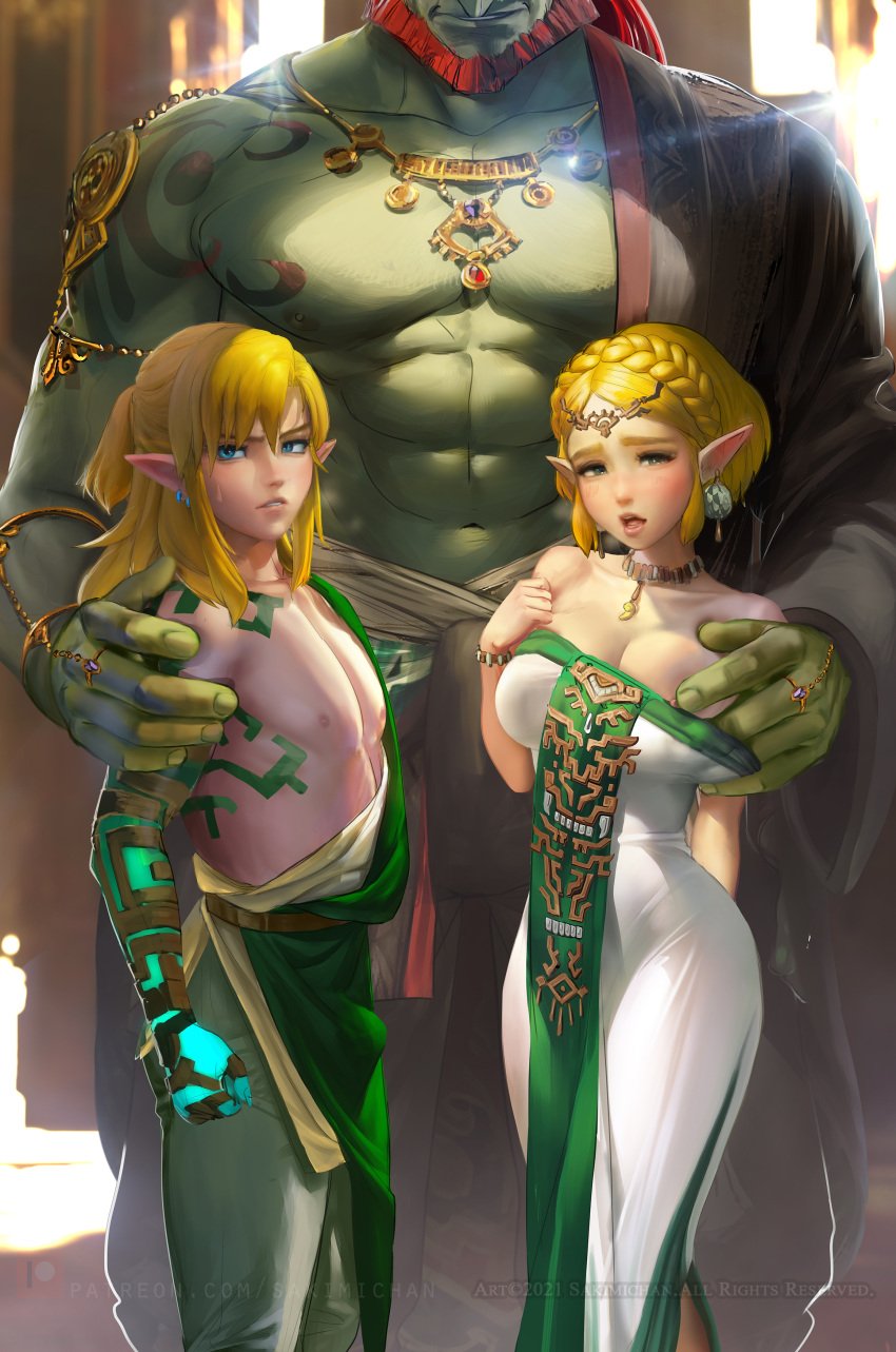 1girls archaic_tunic blonde_hair breath_of_the_wild clothing female ganondorf gerudo humanoid hylian link link_(breath_of_the_wild) link_(tears_of_the_kingdom) male pale_skin pointy_ears princess_zelda sakimichan tears_of_the_kingdom the_legend_of_zelda the_legend_of_zelda:_tears_of_the_kingdom zelda_(breath_of_the_wild) zelda_(tears_of_the_kingdom) zonai_outfit