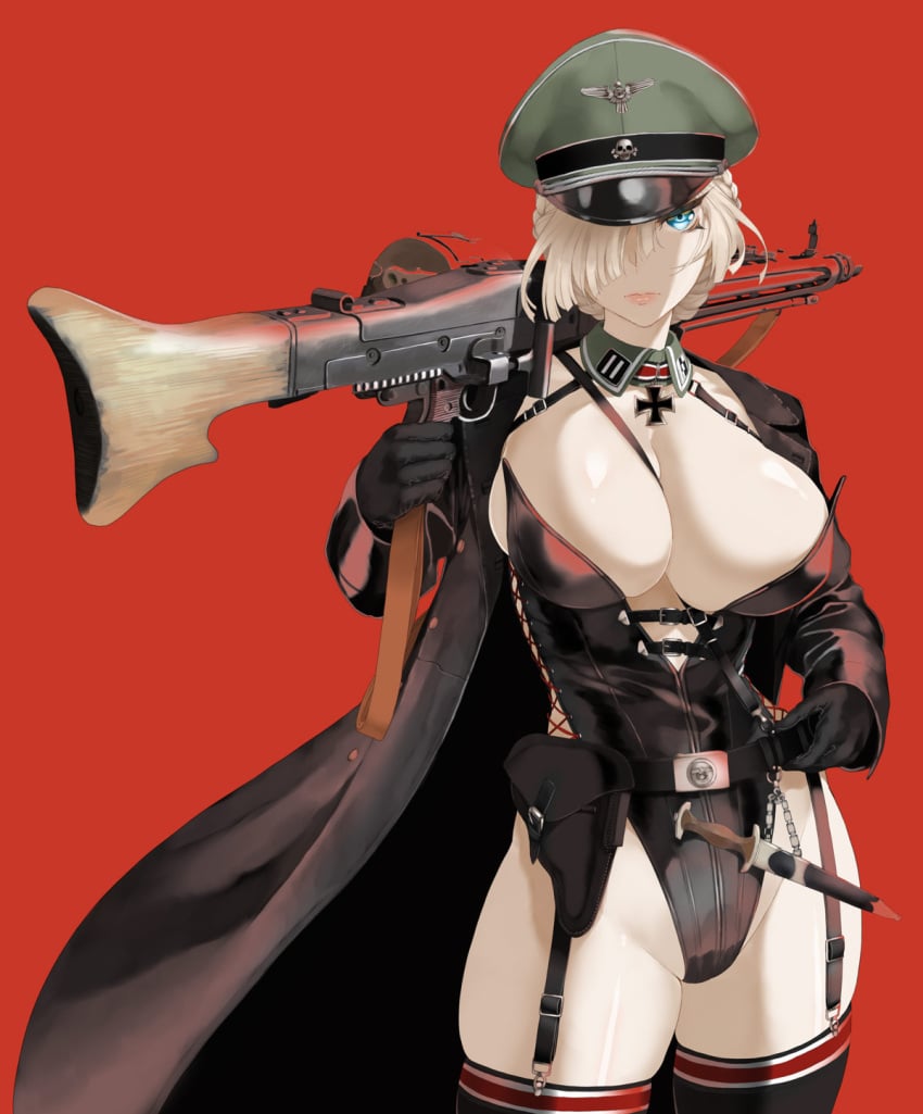 1girls belt big_breasts blonde_hair blue_eyes bunnysuit cleavage coat dagger female female_only female_soldier garter_straps gloves gun hair_over_one_eye hat large_breasts leotard looking_at_viewer mg42 original original_character red_background soldier solo solo_female thick thick_thighs thighhighs throtem trenchcoat voluptuous weapon