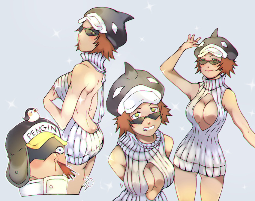 1boy 1girls brown_hair canon_genderswap cleavage cleavage_cutout female female_focus genderswap_(mtf) grin hat headwear heart_pirates looking_over_eyewear looking_over_glasses looking_over_sunglasses male multiple_views no_bra nosebleed one_piece orange_hair penguin_(one_piece) rule_63 shachi_(one_piece) shiku_shiku_no_mi short_hair smile sunglasses sweater sweater_dress tinted_eyewear turtleneck turtleneck_sweater virgin_killer_sweater yellow_eyes