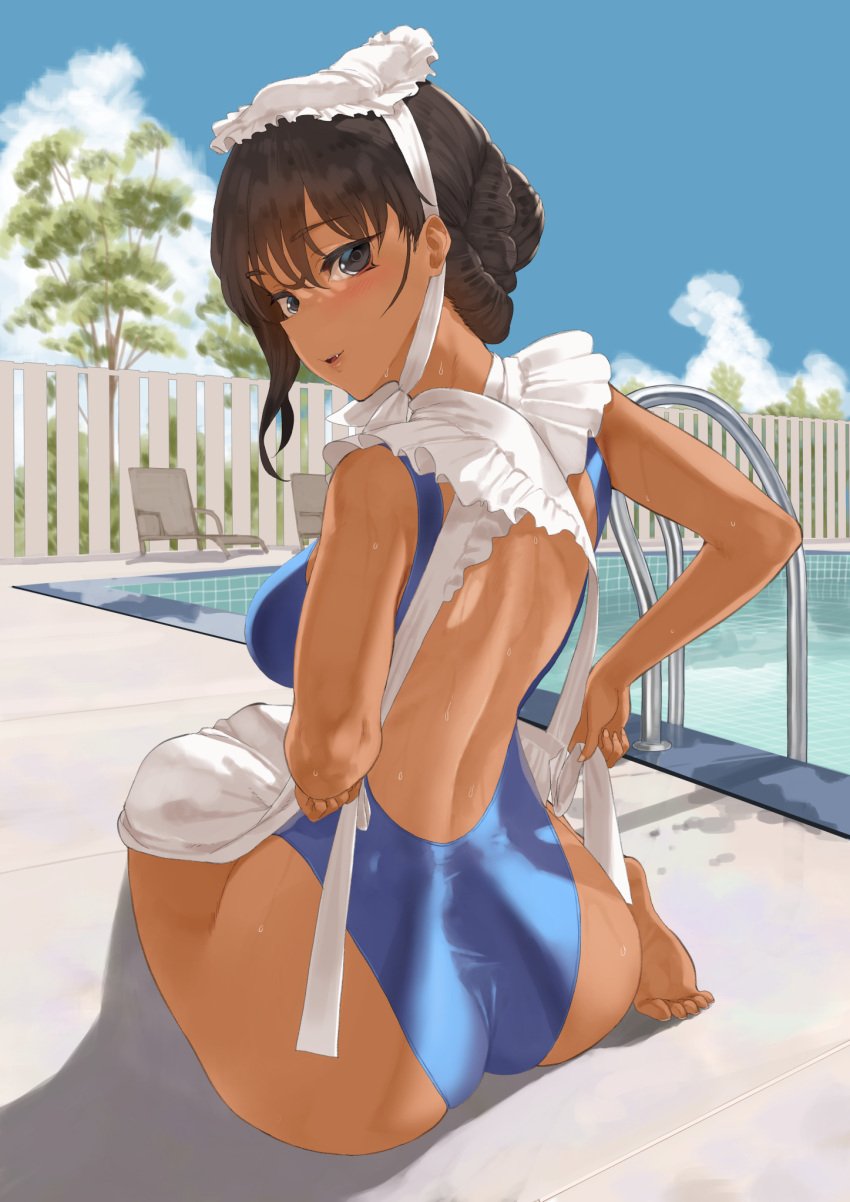 1girls apron ass back_view big_ass big_breasts big_butt black_eyes black_hair butt cute_fang dark-skinned_female dark_skin fat_ass female female_only large_ass large_breasts looking_at_viewer looking_back maid one-piece_swimsuit original original_character solo solo_female swimsuit thick thick_ass throtem voluptuous