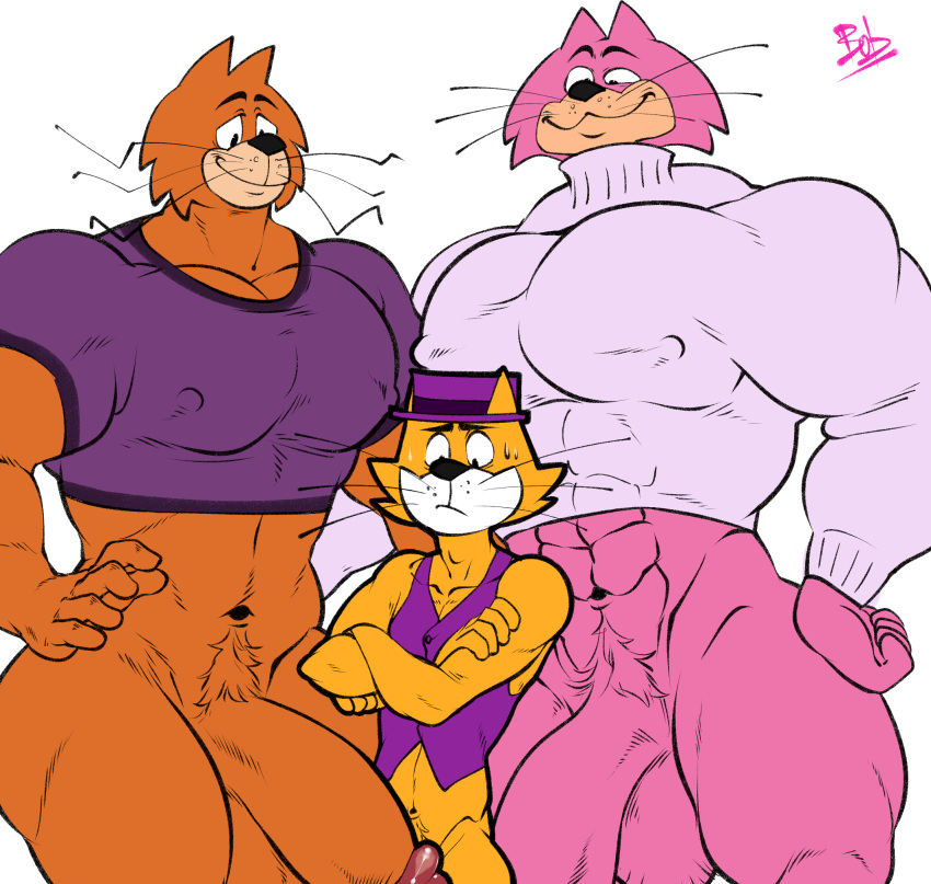 anthro balls bara big_balls big_pecs big_penis bobthetanuki brain_(top_cat) choo-choo_(top_cat) felid feline feline furry male male_only muscles muscular pantsless penis size_difference top_cat top_cat_(series)