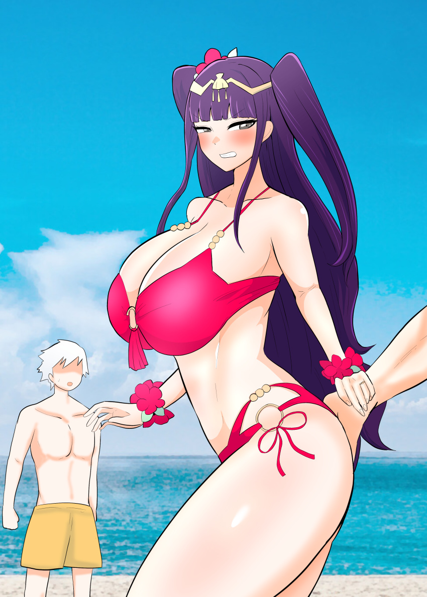 1girls 2boys alternate_costume angry arm_grab ass_grab bangs bare_midriff bare_shoulders bare_thighs beach bikini blush breasts chrom_(fire_emblem) cleavage clenched_teeth collarbone deep_blush female female_focus fire_emblem fire_emblem_awakening fire_emblem_heroes flower grey_eyes groping hair_flower huge_breasts husband husband_and_wife long_hair looking_back male midriff molestation multiple_boys netorare nintendo o-ring ocean official_alternate_costume outdoors pink_bikini pink_swimsuit punishment purple_hair rape red_bikini red_sweater ring robin_(fire_emblem) robin_(fire_emblem)_(male) sand short_hair shoulders swim_trunks swimsuit tharja_(fire_emblem) thighs ubikitas very_long_hair water wedding_ring white_hair wife