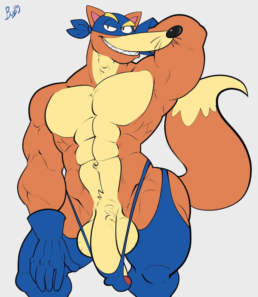 anthro balls bara big_balls big_penis blue_gloves bobthetanuki dora_the_explorer fox fox_tail fur furry gloves hand_behind_head male male_only mask muscles muscular orange_fur penis solo solo_male swiper tail