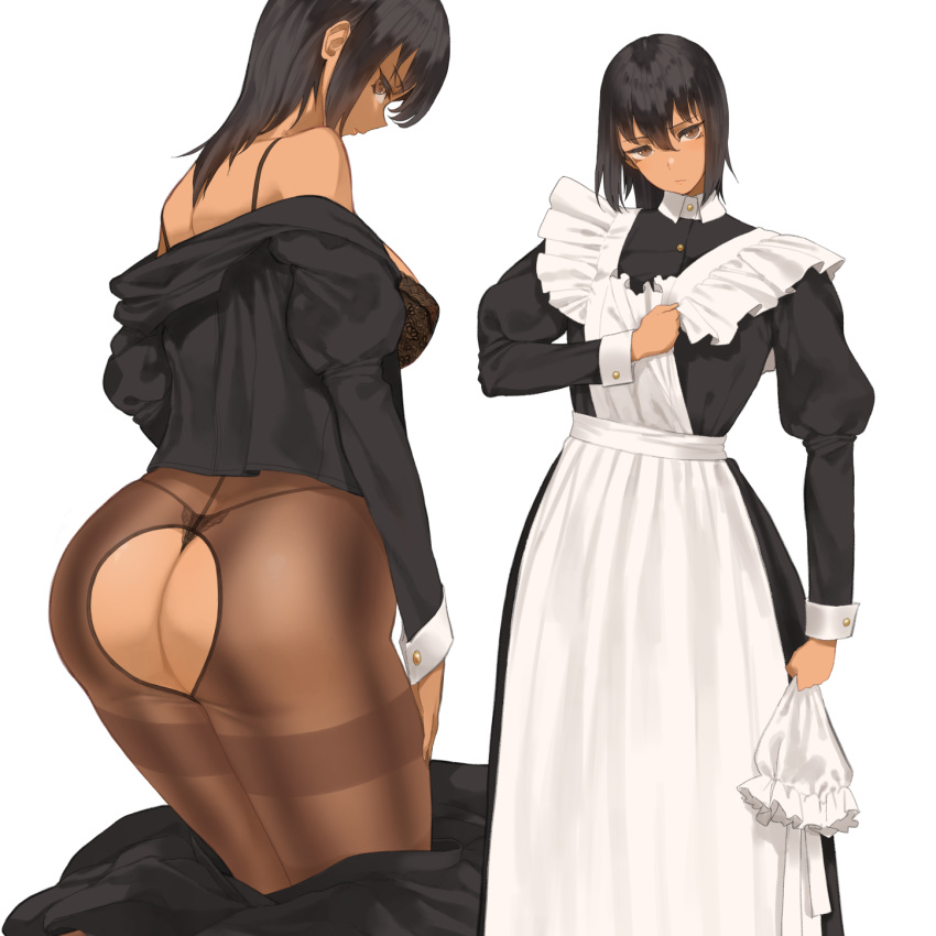 1girls ass back_view big_ass big_butt black_hair bra butt dark-skinned_female dark_skin female female_only long_sleeves looking_at_viewer looking_back maid maid_outfit original original_character pantyhose short_hair solo solo_female thick_ass thick_thighs thighband_pantyhose thong throtem tomboy undressing white_background