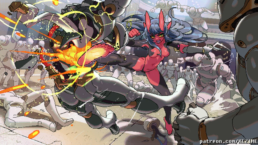 arena blue_hair demon demon_girl demon_horns fight fighting kezime nipples_visible_through_clothing oni oni_girl oni_horns original original_character pixel_art pussy_visible_through_clothes red_body red_skin robot saki_(kezime) skimpy_clothes yellow_eyes