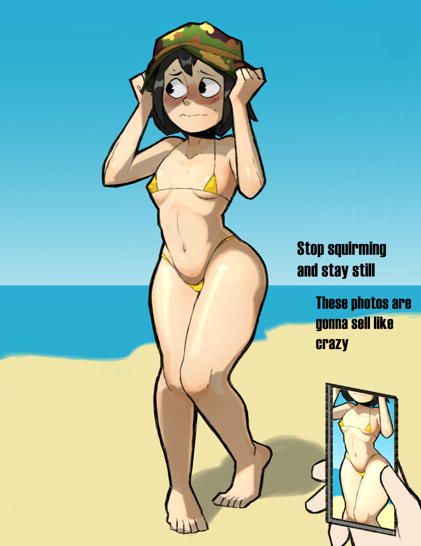 acidsticky ass big_ass bikini blush commission eizouken_ni_wa_te_wo_dasu_na! english_text female_focus keep_your_hands_off_eizouken midori_asakusa short_hair small_breasts smartphone sweatdrop text yellow_bikini