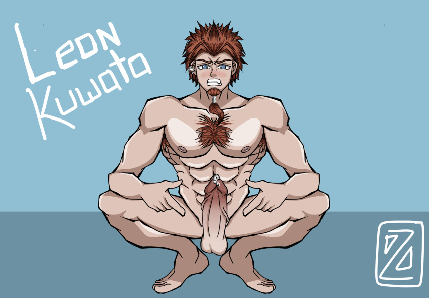 abs bara baseball beard big_penis blue_eyes blush cum danganronpa erection gay jockstrap kuwata_leon male male_only muscular nipples orange_hair penis_piercing piercing pointing pubic_hair solo squatting tongue_piercing