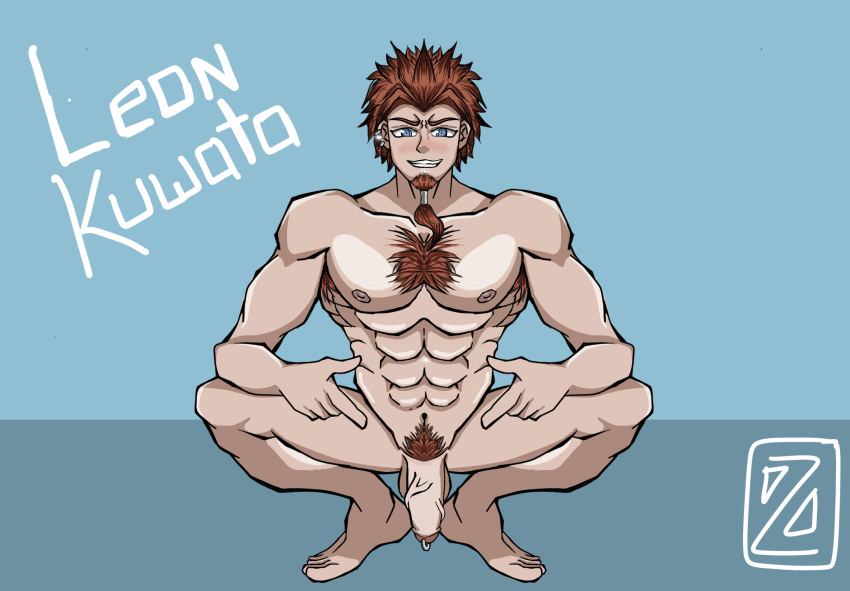 abs bara baseball beard big_penis blue_eyes blush cum danganronpa erection gay jockstrap kuwata_leon male male_only muscular nipples orange_hair penis_piercing piercing pointing precum pubic_hair solo squatting tongue_piercing