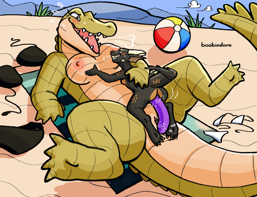 alligator alligatorid anthro ball beach beach_ball beach_towel big_breasts bikini black_body black_scales blue_eyes blue_sky blush breast_grab breasts claws clothing cloud crocodilian dildo double_dildo dubindore duo feet female female/female genitals green_body green_scales hand_on_back hand_on_breast hi_res holding_breast horn inflatable klank_(spark.kobbo) kobold nipples nude orange_body orange_scales purple_dildo pussy reptile sand scales scalie seaside sex_toy size_difference sky smile spread_legs spreading swimwear tan_body tan_scales towel