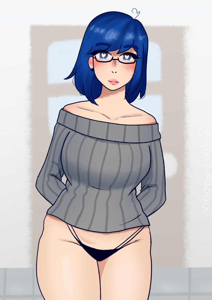 1girls 2d 2d_(artwork) alun4aaaa artist_name big_breasts big_thighs blue_eyes blue_hair drawn female female_only glasses heart-shaped_pupils hip_dips huniepop looking_at_viewer nikki_ann-marie solo sweater thick_thighs thong wide_hips