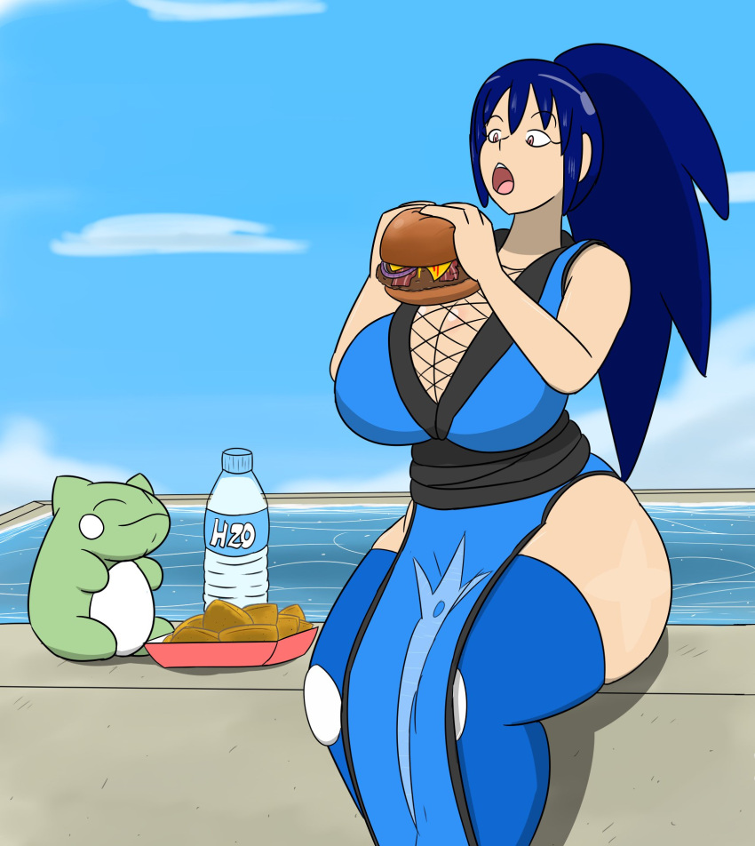 big_breasts burger eating greninja igphhangout mizu_(igphhangout) pokemon pokemon_(species)