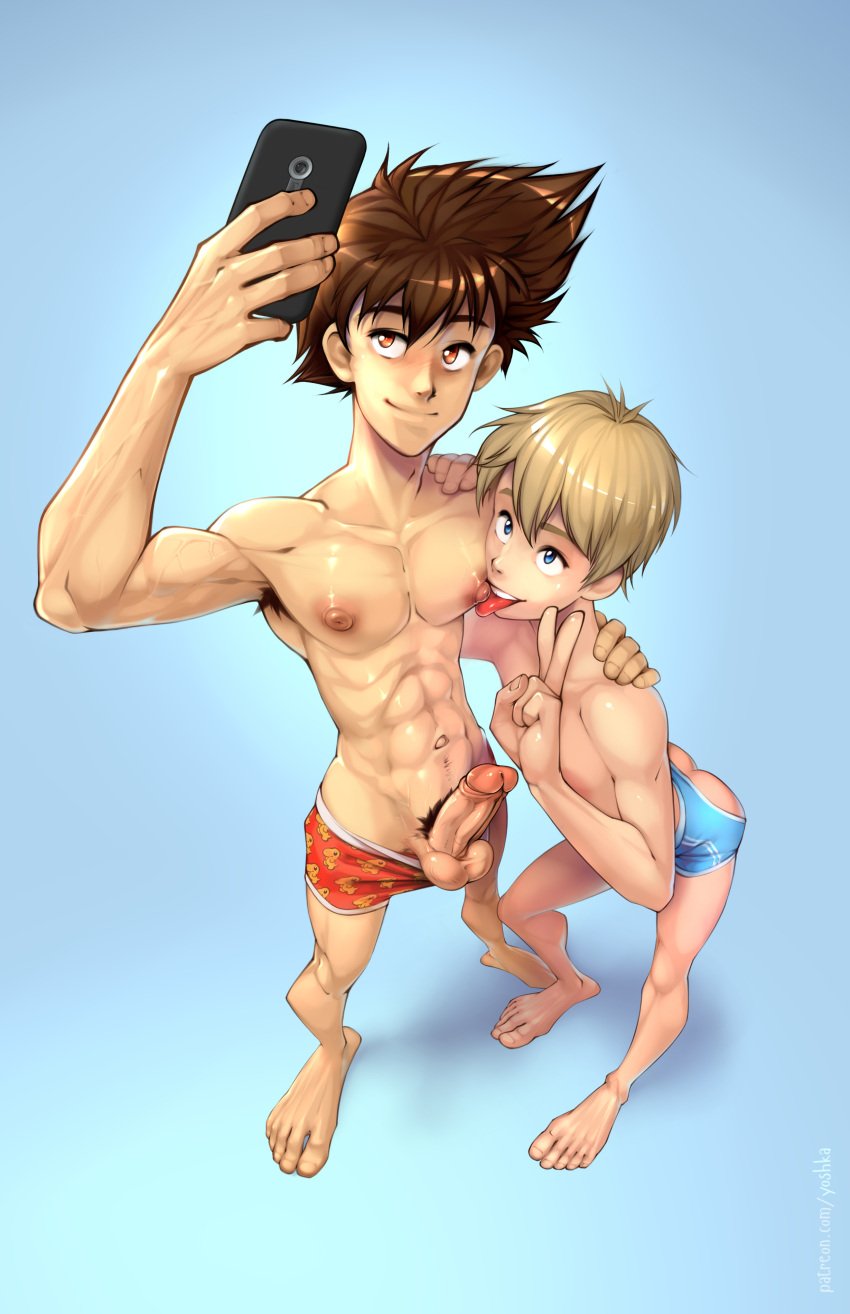 2boys ass balls blonde_hair boxers brown_hair cellphone dick_pic digimon digimon_adventure_tri. human licking_nipples male male/male male_focus male_only muscles nipples peace_sign penis smile taichi_yagami takeru_takaishi taking_picture twink yaoi yoshka