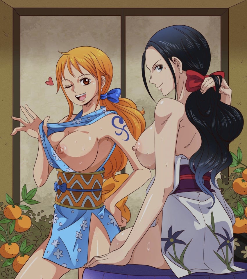 2girls back_muscles big_breasts black_hair chandllucky clothed clothed_female clothing female female_focus female_only hand_on_breast human japanese_clothes kunoichi light-skinned_female long_hair looking_at_viewer looking_back looking_pleasured mommy multiple_girls nami nami_(one_piece) nico_robin onami one_piece orange_hair orobi partially_clothed post-timeskip showing showing_breasts tattoo tattoo_on_arm thighs uncensored wano_country