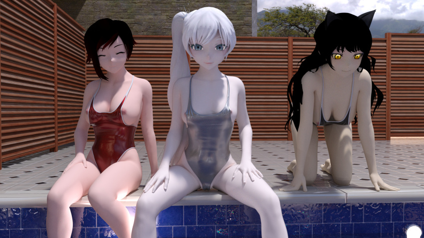 3d 3girls big_breasts black_hair blake_belladonna blue_eyes breasts breasts_out_of_swimsuit cameltoe cat_ears catgirl closed_eyes digital_media down_blouse faunus female female_only human ill_fitting_clothing kemonomimi long_hair looking_at_viewer lovingrwby medium_breasts multiple_girls nipple_slip on_all_fours one-piece_swimsuit ponytail pool poolside public_nudity red_hair rooster_teeth ruby_rose rwby scar_across_eye short_hair side_ponytail small_breasts smile swimsuit too_small_clothes two_tone_hair weiss_schnee white_hair yellow_eyes