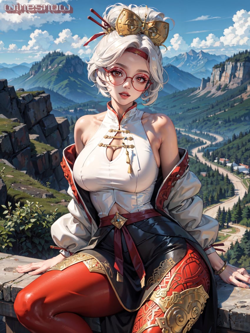 1girls ai_generated curvy_body curvy_female curvy_figure female_focus female_only glasses purah purah_(tears_of_the_kingdom) seductive_look stable_diffusion tears_of_the_kingdom the_legend_of_zelda voluptuous voluptuous_female white_hair winesnow